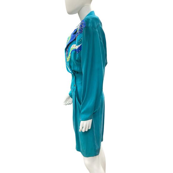 VTG Caché Romper Women’s SZ S Silk Gold Bling Design Very Cool Piece Turquoise - Picture 3 of 6